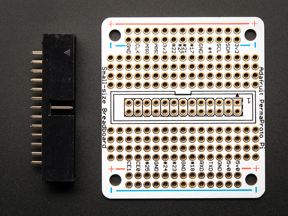 A white manicured hand holds up an assembled Adafruit Small-Size Perma-Proto Raspberry Pi Breadboard PCB.