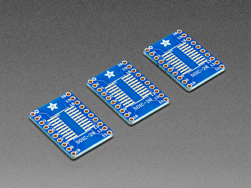 A pair of tweezers holding a SOIC chip hovers over the SMT Breakout PCB for SOIC-20 or TSSOP-20.