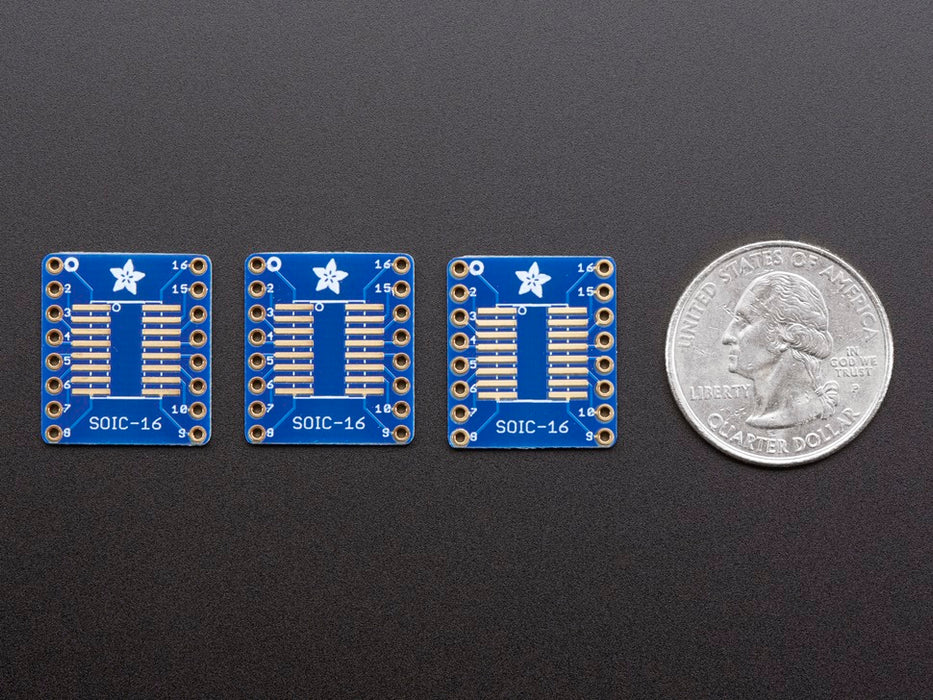 A pair of tweezers holding a microchip hovers over the SMT Breakout PCB for SOIC-16 or TSSOP-16.