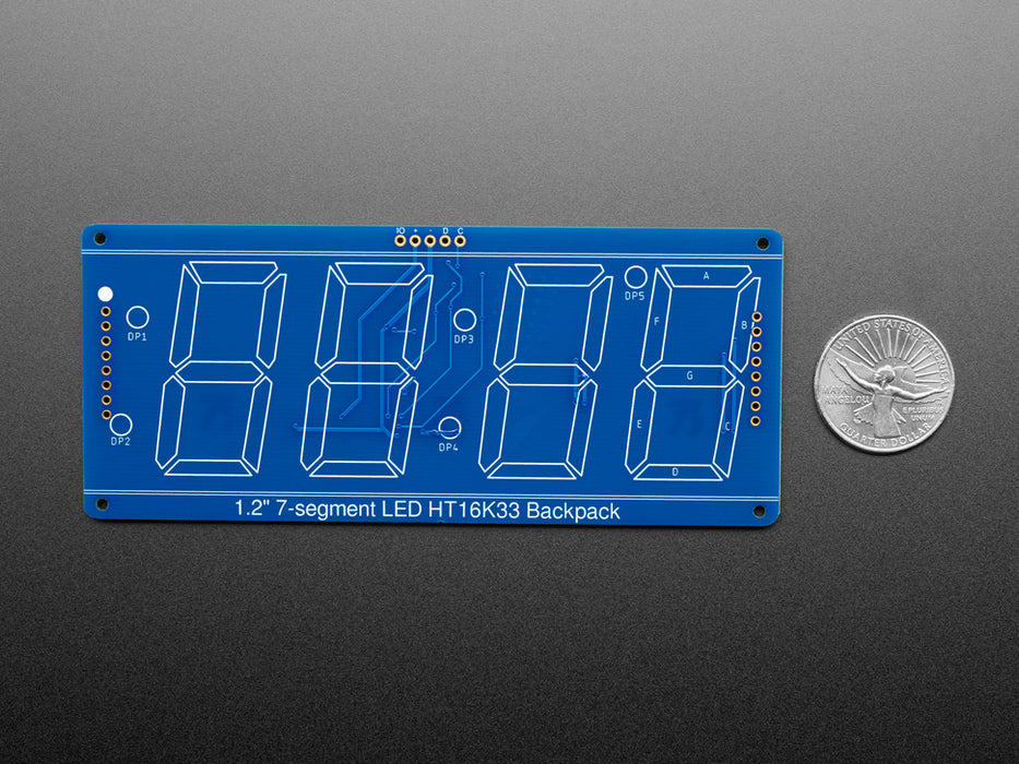 Huge red 7-segment clock display soldered to backpack with all segments lit