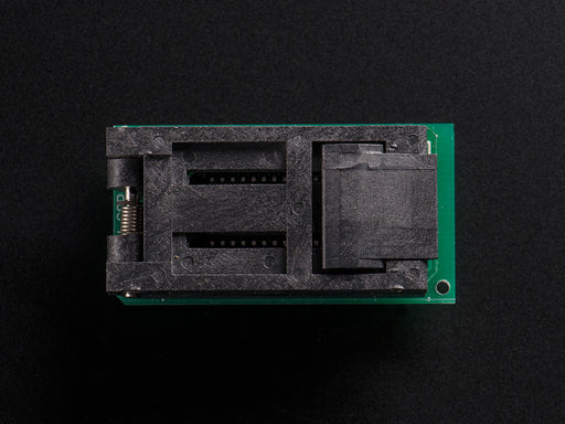 Angle shot of SMT Test Socket - SOIC-28 Wide Breakout with latch opened to reveal socket.