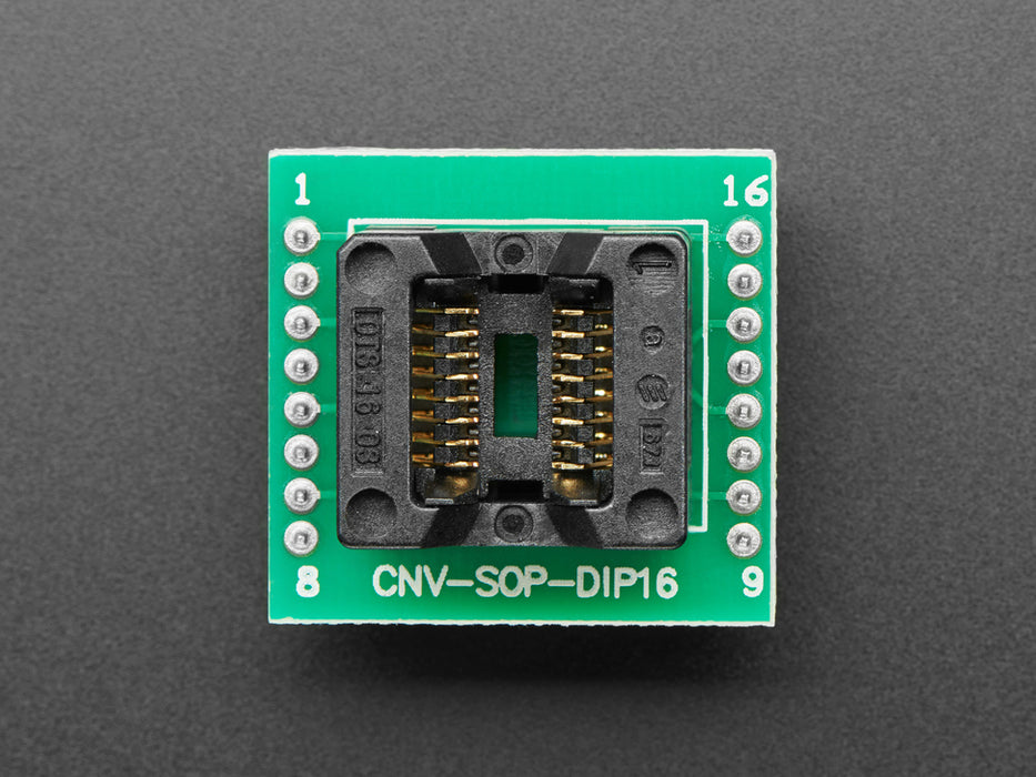 Angle shot of Test Socket - SOIC-16 Narrow Breakout with soldered on header.