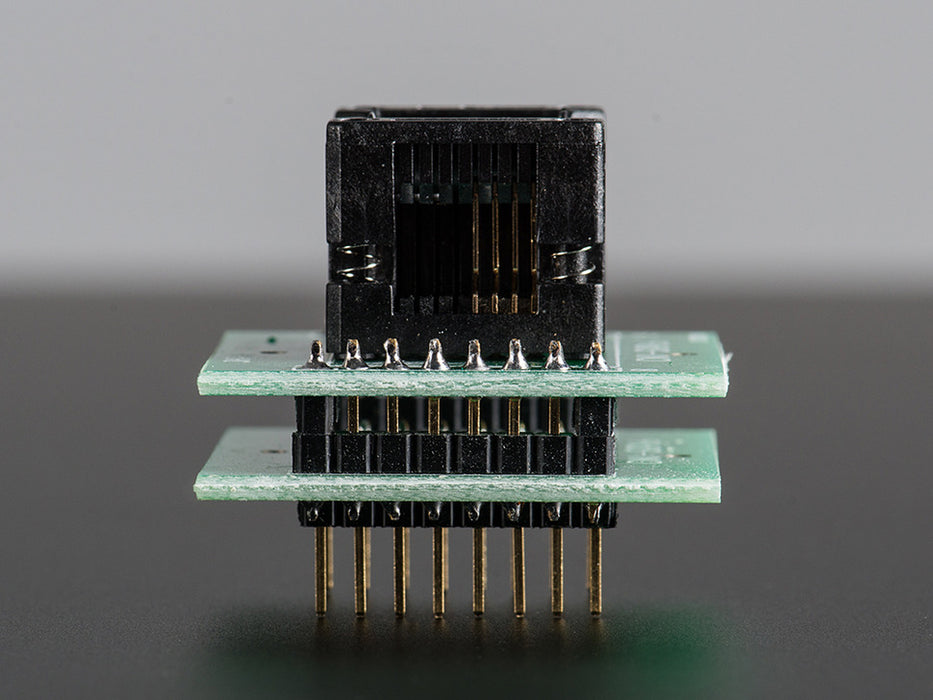 Angle shot of Test Socket - SOIC-8 Narrow Breakout with soldered on header.