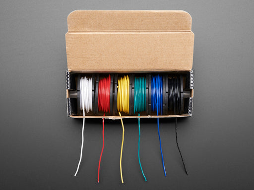 Hook-up Wire Spool Set in box with 6 colorful wires coming out