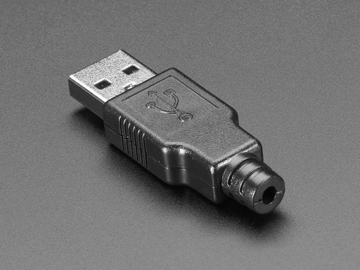 Angled shot of an assembled USB DIY Connector Shell with a Type A Male Plug. The male plug faces the camera at an angle.