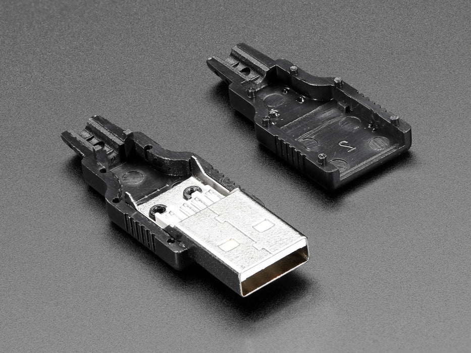 Angled shot of an assembled USB DIY Connector Shell with a Type A Male Plug. The male plug faces the camera at an angle.