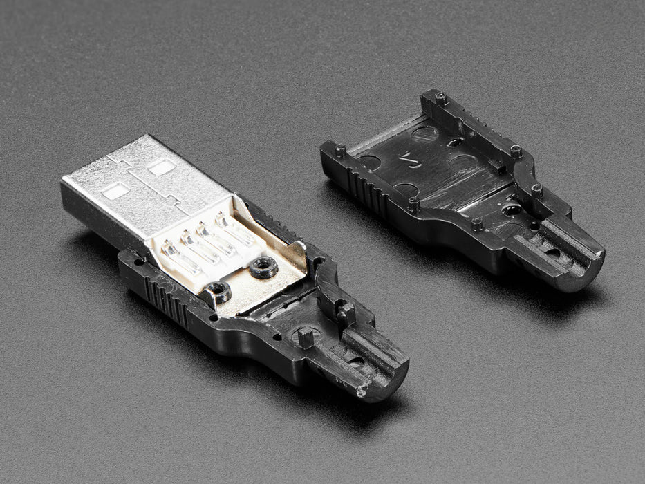 Angled shot of an assembled USB DIY Connector Shell with a Type A Male Plug. The male plug faces the camera at an angle.