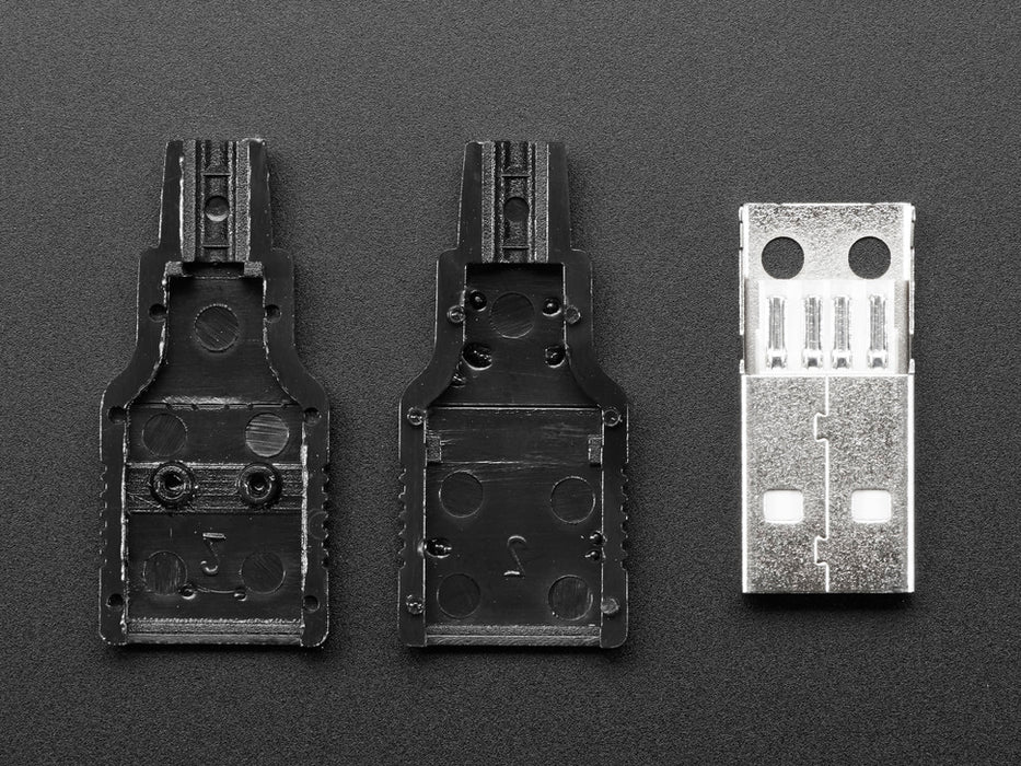 Angled shot of an assembled USB DIY Connector Shell with a Type A Male Plug. The male plug faces the camera at an angle.