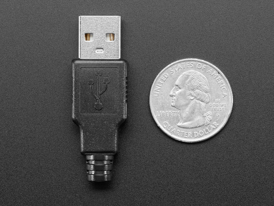 Angled shot of an assembled USB DIY Connector Shell with a Type A Male Plug. The male plug faces the camera at an angle.