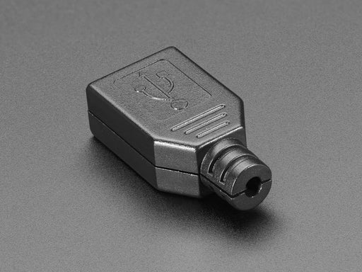 Angled shot of an assembled USB DIY Connector Shell with a Type A Male Socket. The male plug faces the camera at an angle.