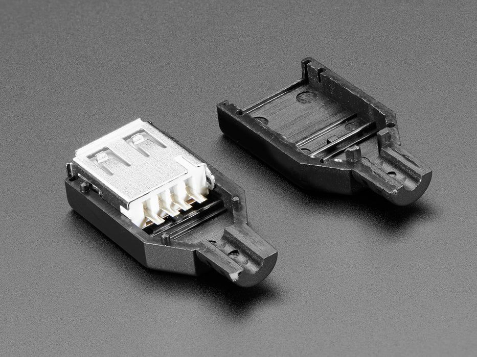 Angled shot of an assembled USB DIY Connector Shell with a Type A Male Socket. The male plug faces the camera at an angle.
