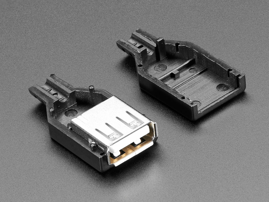 Angled shot of an assembled USB DIY Connector Shell with a Type A Male Socket. The male plug faces the camera at an angle.