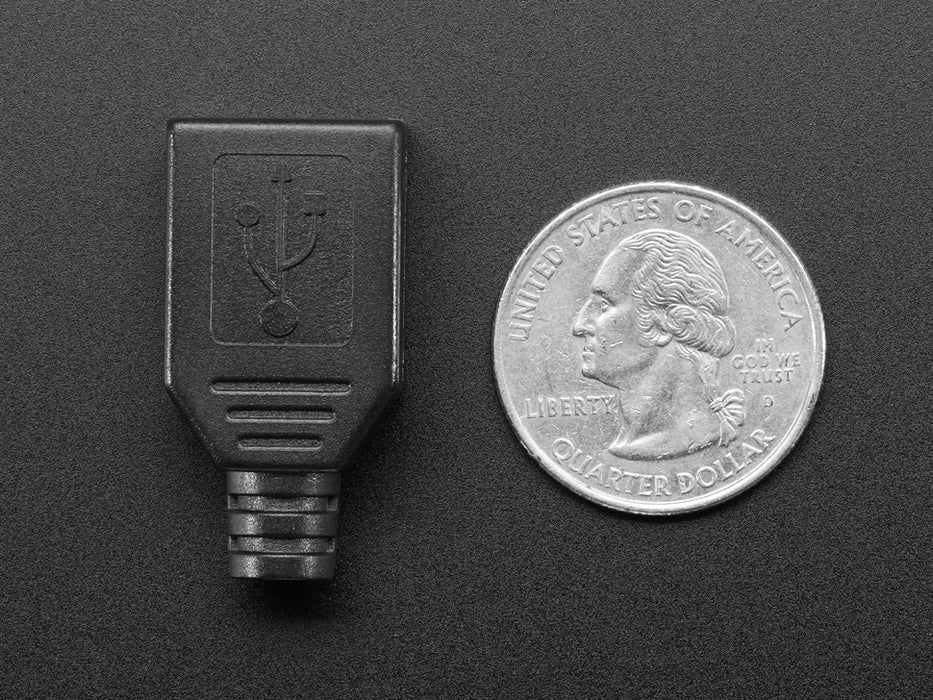 Angled shot of an assembled USB DIY Connector Shell with a Type A Male Socket. The male plug faces the camera at an angle.