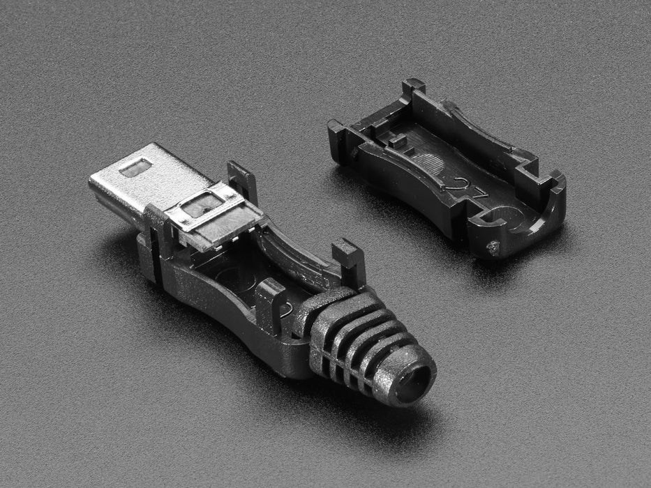 Angled shot of an assembled USB DIY Connector Shell with a Type Mini-B Plug. The male plug faces the camera at an angle.