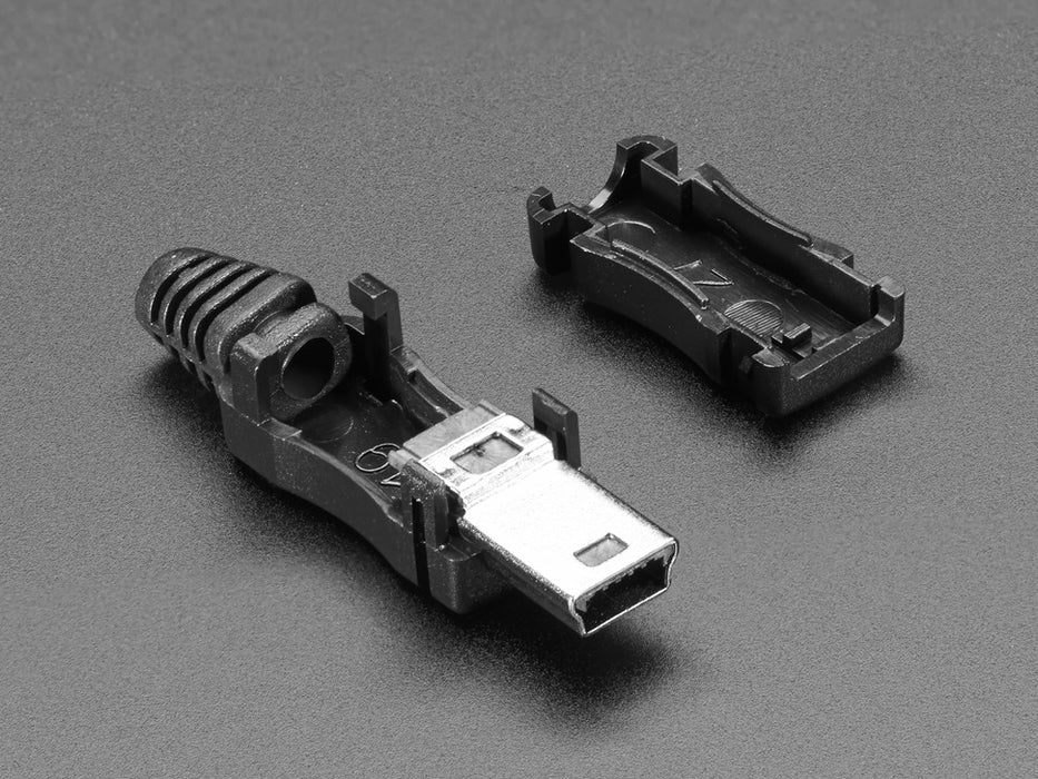 Angled shot of an assembled USB DIY Connector Shell with a Type Mini-B Plug. The male plug faces the camera at an angle.