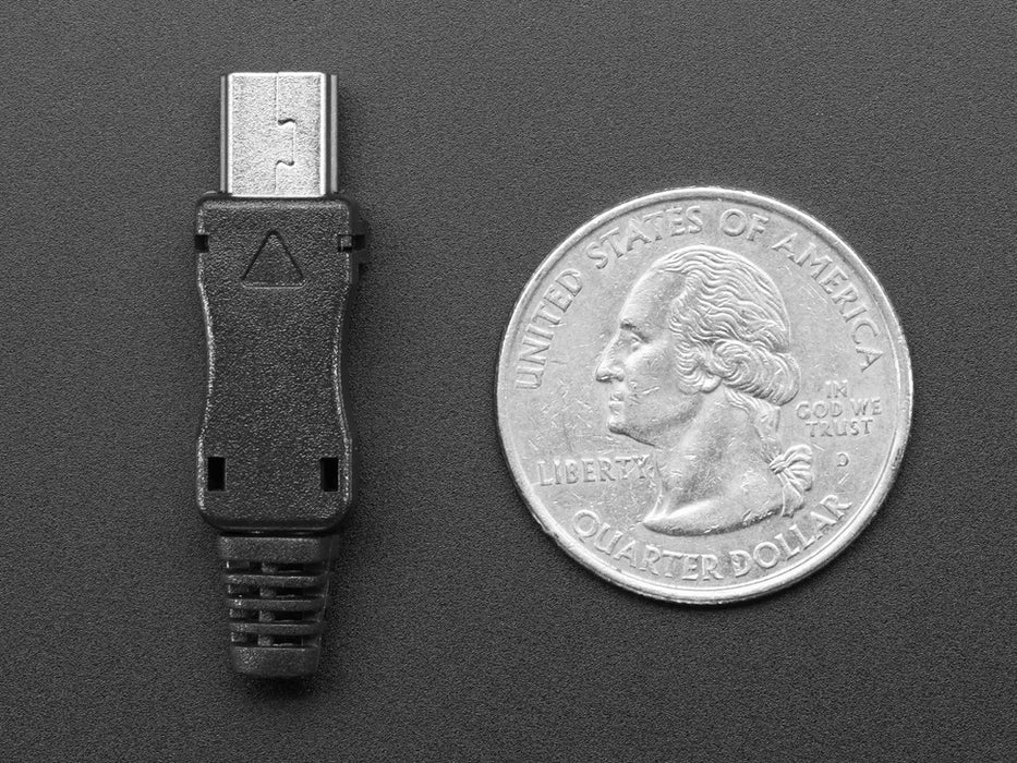 Angled shot of an assembled USB DIY Connector Shell with a Type Mini-B Plug. The male plug faces the camera at an angle.