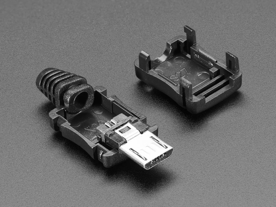Angled shot of an assembled USB DIY Connector Shell with a Type Micro-B Plug. The male plug faces the camera at an angle.