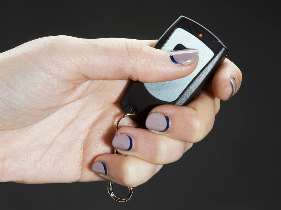 Hand pressing button on Keyfob 2-Button RF Remote Control and controlling LEDs on a project