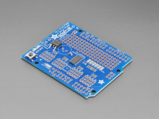 Top down view of a Adafruit 16-Channel 12-bit PWM/Servo Shield - I2C interface connected to 16 servos. 