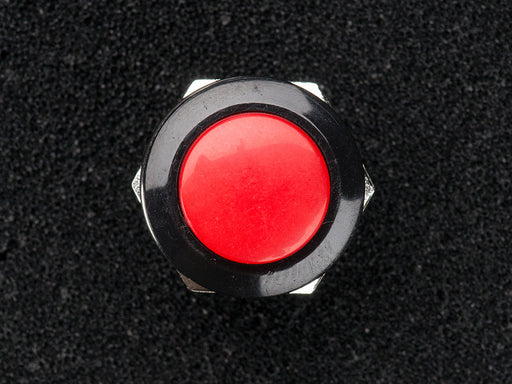 Angled shot of 16mm red panel mount pushbutton.