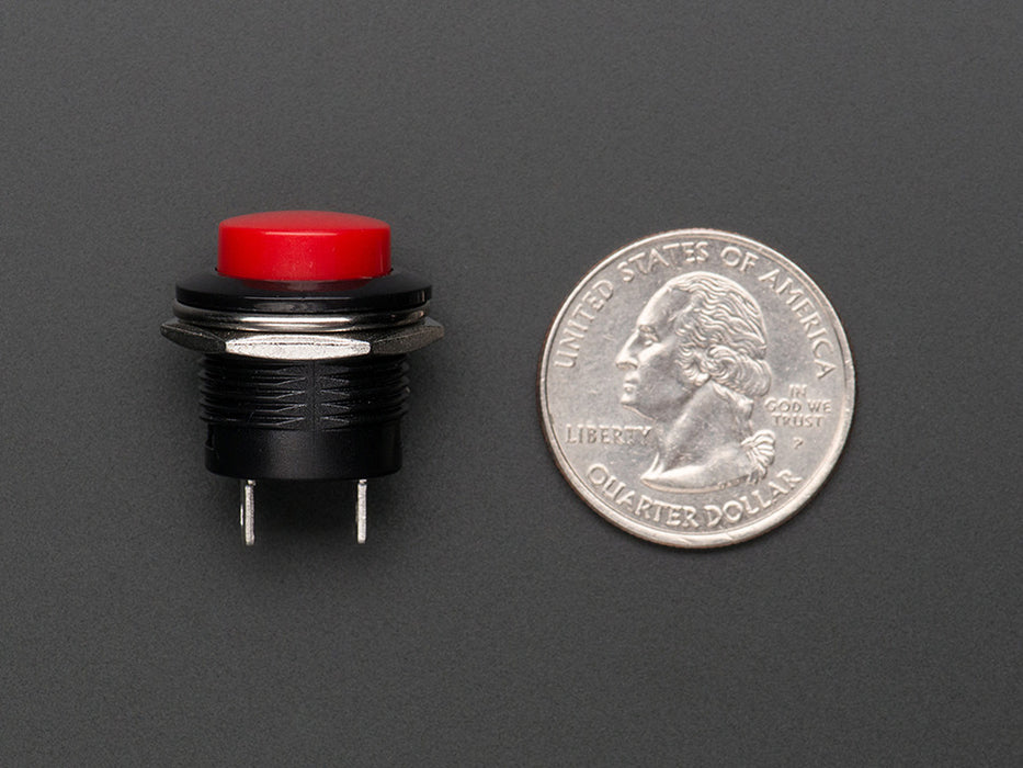 Angled shot of 16mm red panel mount pushbutton.