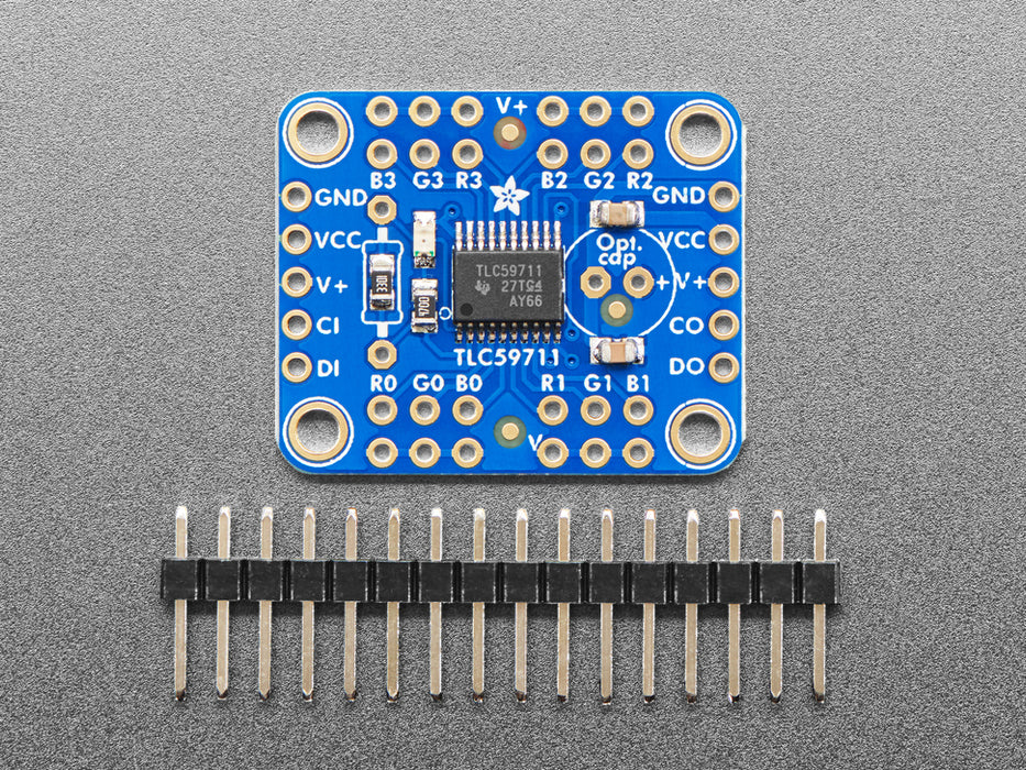 Angled shot of blue, square-shaped PWM LED driver board.