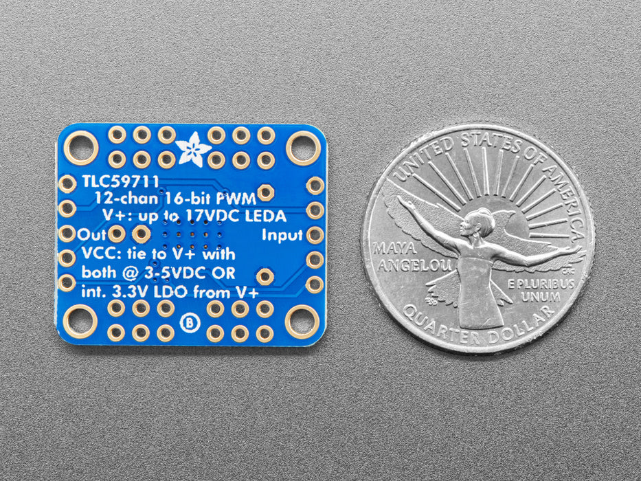 Angled shot of blue, square-shaped PWM LED driver board.