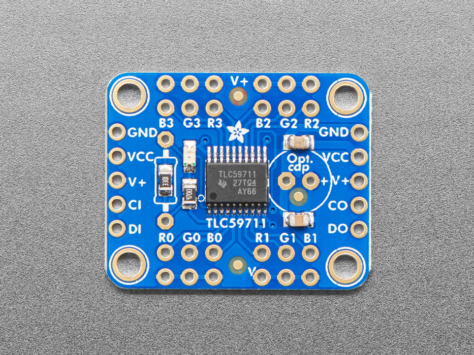 Angled shot of blue, square-shaped PWM LED driver board.