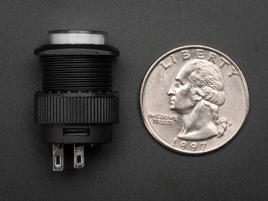 Angled shot of a white round 16mm illuminated pushbutton. 