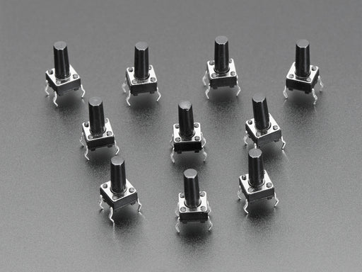 Angled shot of 10 6mm tactile switch buttons.