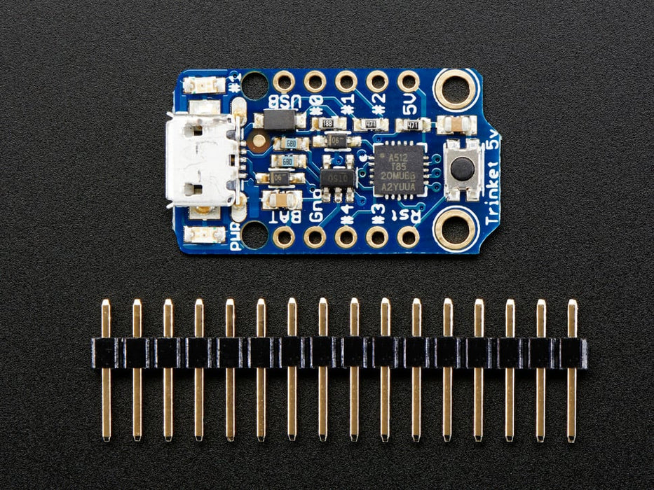 Hand holding Adafruit TriHand holding small Adafruit Trinket - Mini Microcontrollerket board.