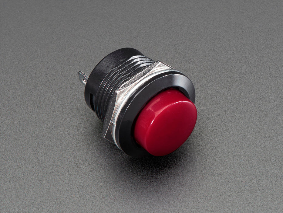 Angled shot of 16mm burgundy panel mount pushbutton.