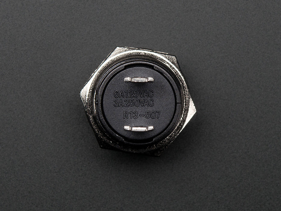 Angled shot of 16mm black panel mount pushbutton.