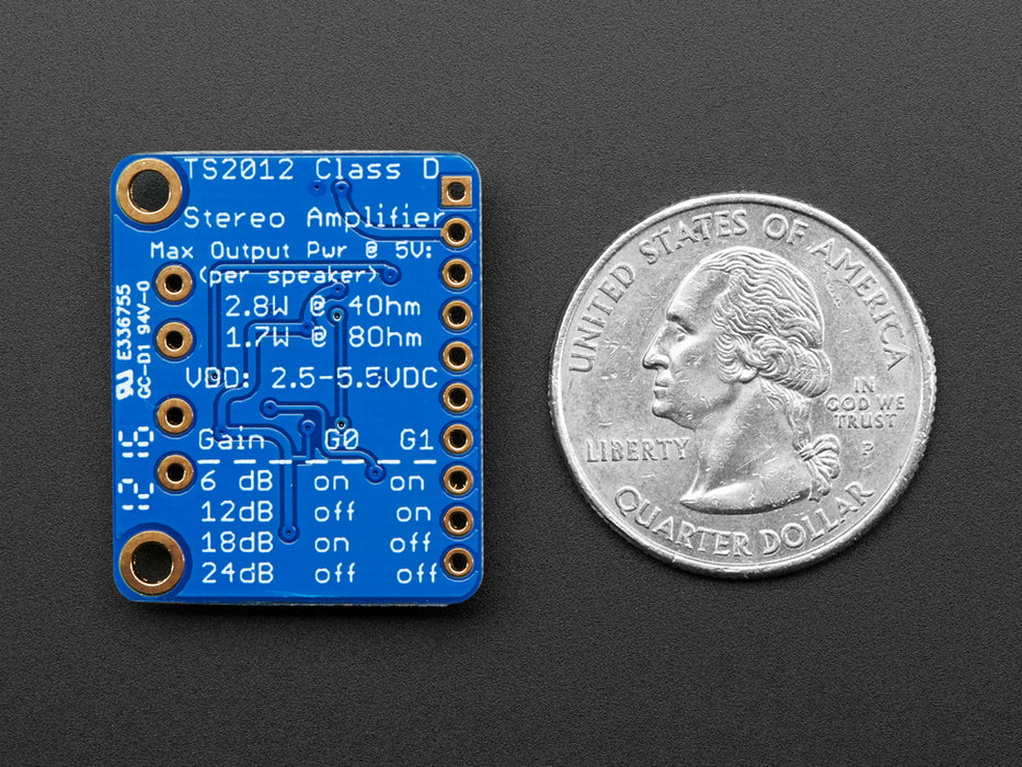 Angled shot of Stereo 2.1W Class D Audio Amplifier.