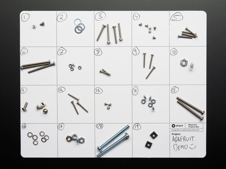 gridded mat with disassembed screws and nuts on it