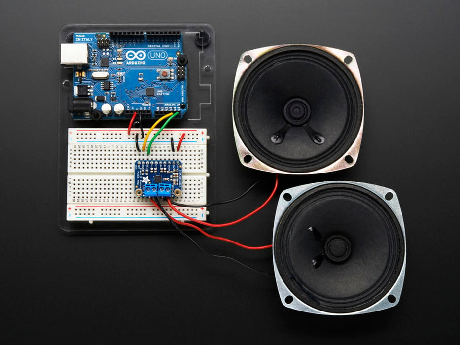 Angled shot of stereo amplifier breakout.