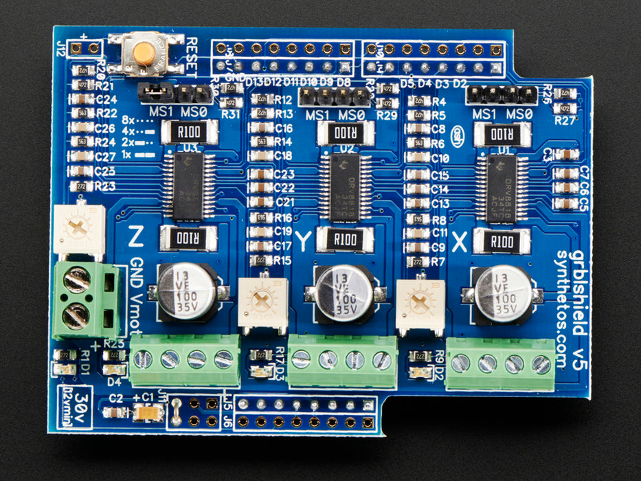 Angled shot of a Synthetos gShield (grblShield) V5. 