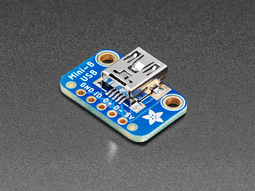 Angled shot of a USB Mini-B Breakout Board.