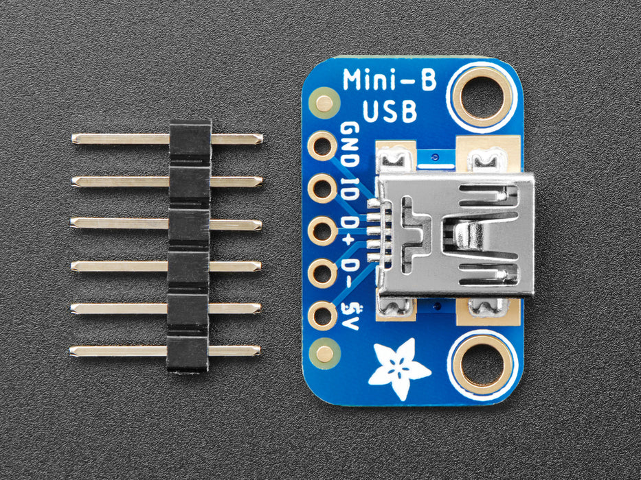 Angled shot of a USB Mini-B Breakout Board.