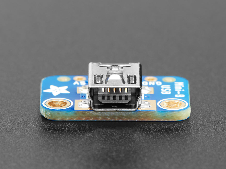 Angled shot of a USB Mini-B Breakout Board.