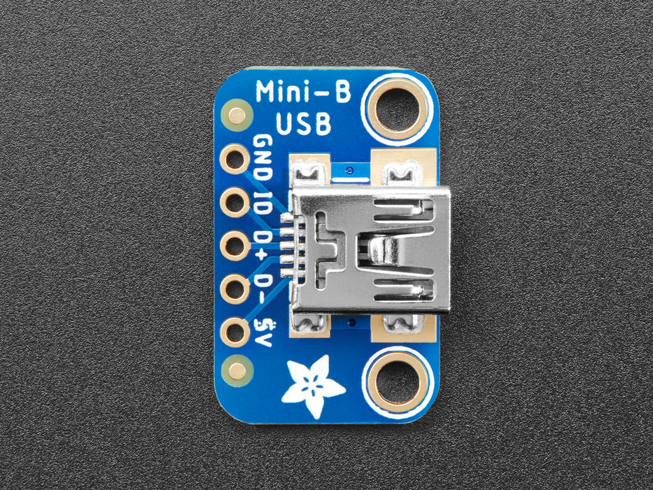 Angled shot of a USB Mini-B Breakout Board.