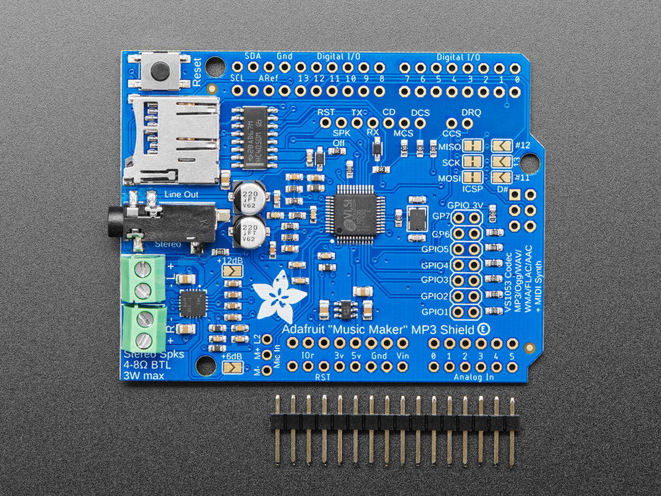 Adafruit "Music Maker" MP3 Shield for Arduino w/3W Stereo Amp connected to a set of speakers. 