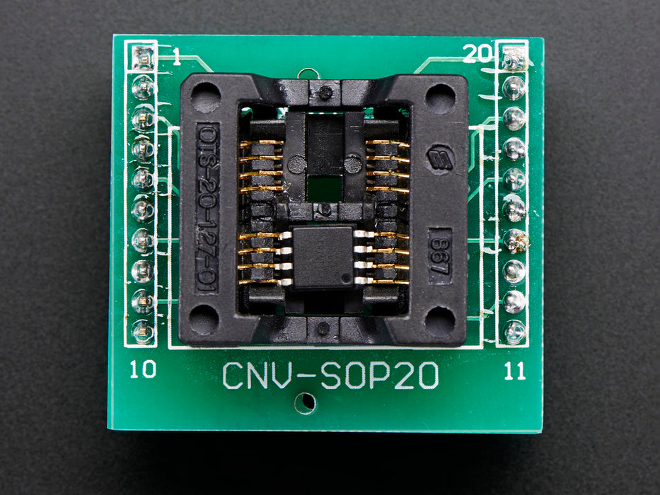 Angle shot of Test Socket - Medium SOIC-8 (200mil) with soldered on header.