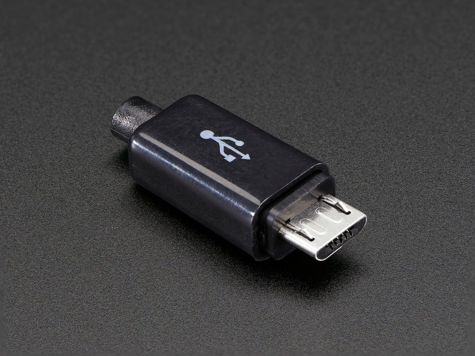 Angled shot of an assembled USB DIY Slim Connector Shell with a MicroB Plug. The male plug faces the camera at an angle.