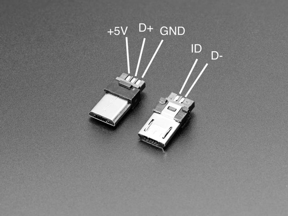 Angled shot of an assembled USB DIY Slim Connector Shell with a MicroB Plug. The male plug faces the camera at an angle.