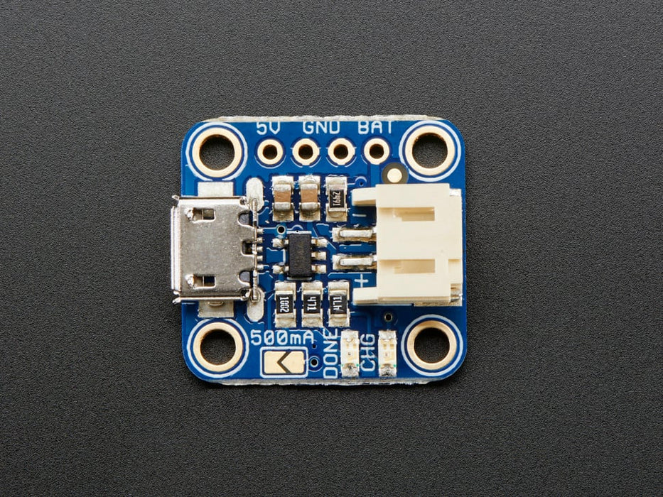 Adafruit Micro-Lipo Charger for LiPo/LiIon Batt w/MicroUSB Jack connected to battery. 