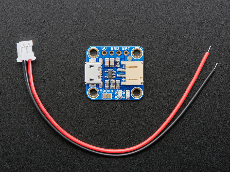 Adafruit Micro-Lipo Charger for LiPo/LiIon Batt w/MicroUSB Jack connected to battery. 