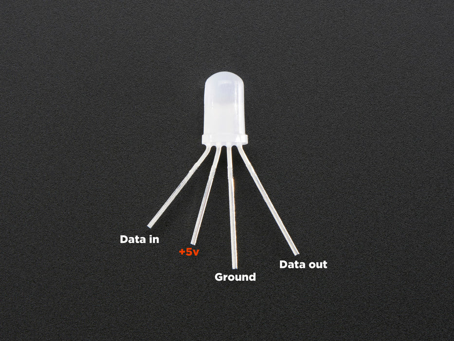 Five NeoPixel Diffused 5mm Through-Hole LEDs glowing rainbow