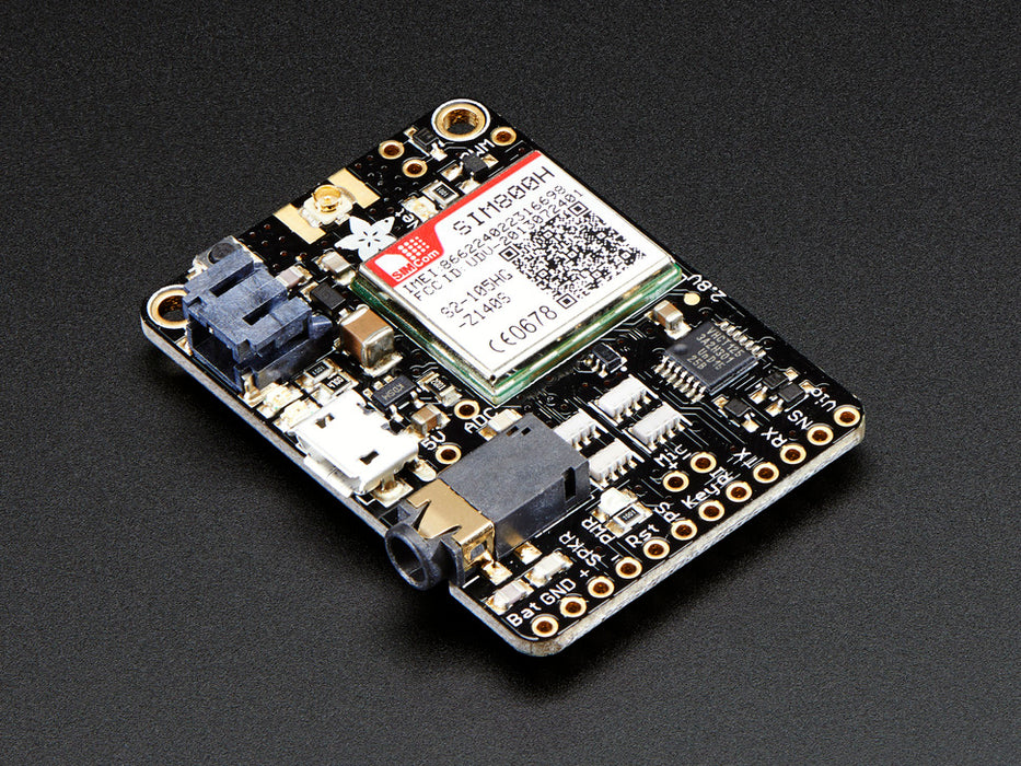 Angled shot of a Adafruit FONA - Mini Cellular GSM Breakout uFL Version.