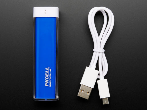 Angled shot of a blue long rectangular USB battery pack.